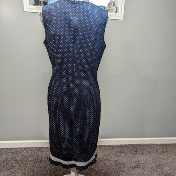 Talbots Navy Blue and White Polka Dot Sleeveless Dress with Ruffle Bottom Size 8 - Picture 3 of 8